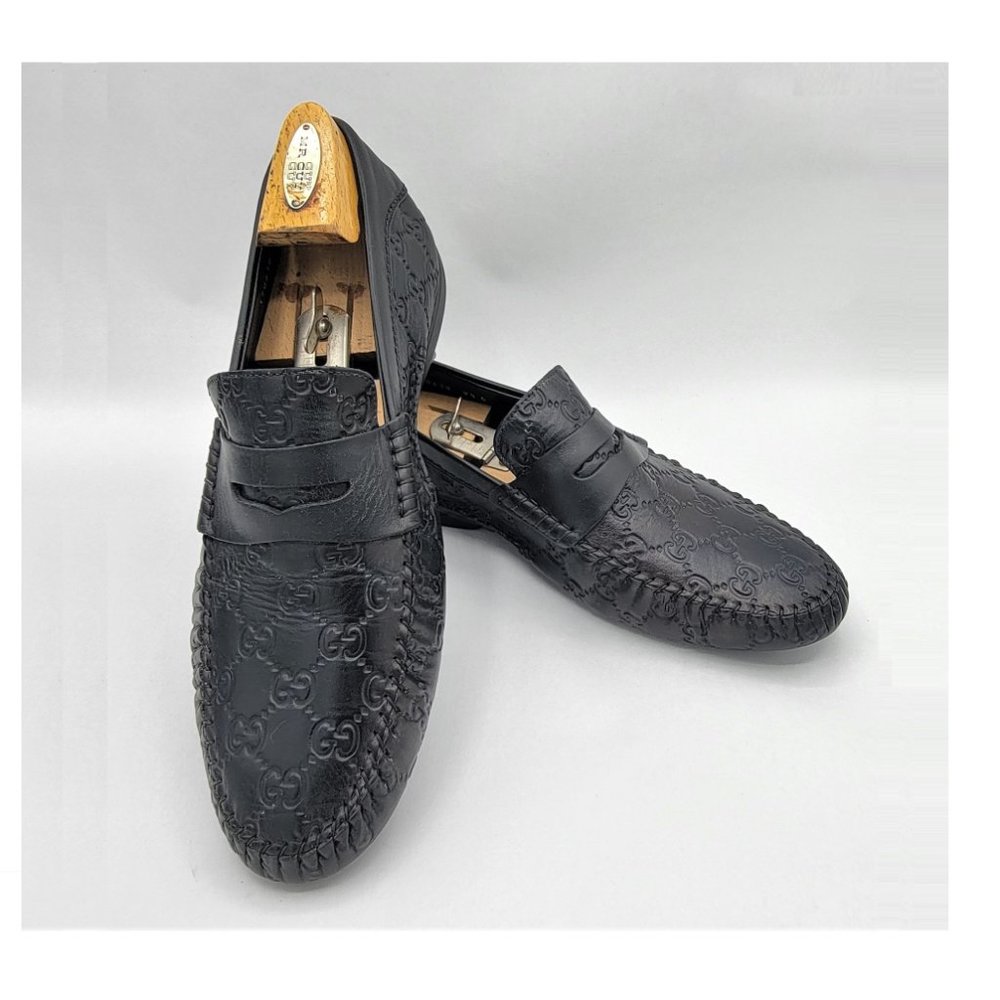 Mens GUCCI San Marino Signature Driver Loafers Guccissima Black Leather Italy